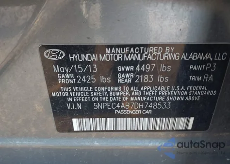 2013 Hyundai Sonata Se 2.0T из США, поврежденный, VIN 5NPEC4AB7DH748533